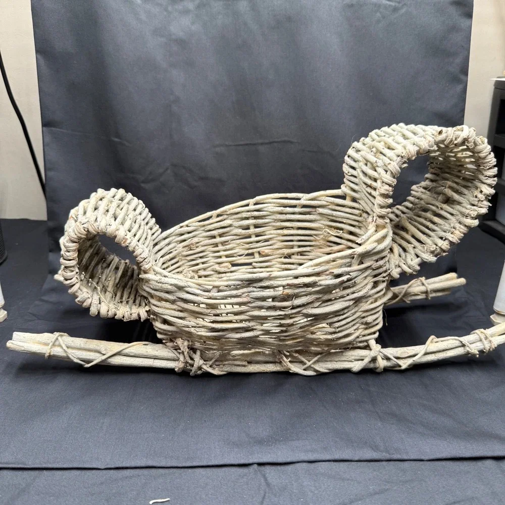 Rustic Wicker Sleigh Basket Christmas Decor Weathered Gray Twig Centerpiece 17in